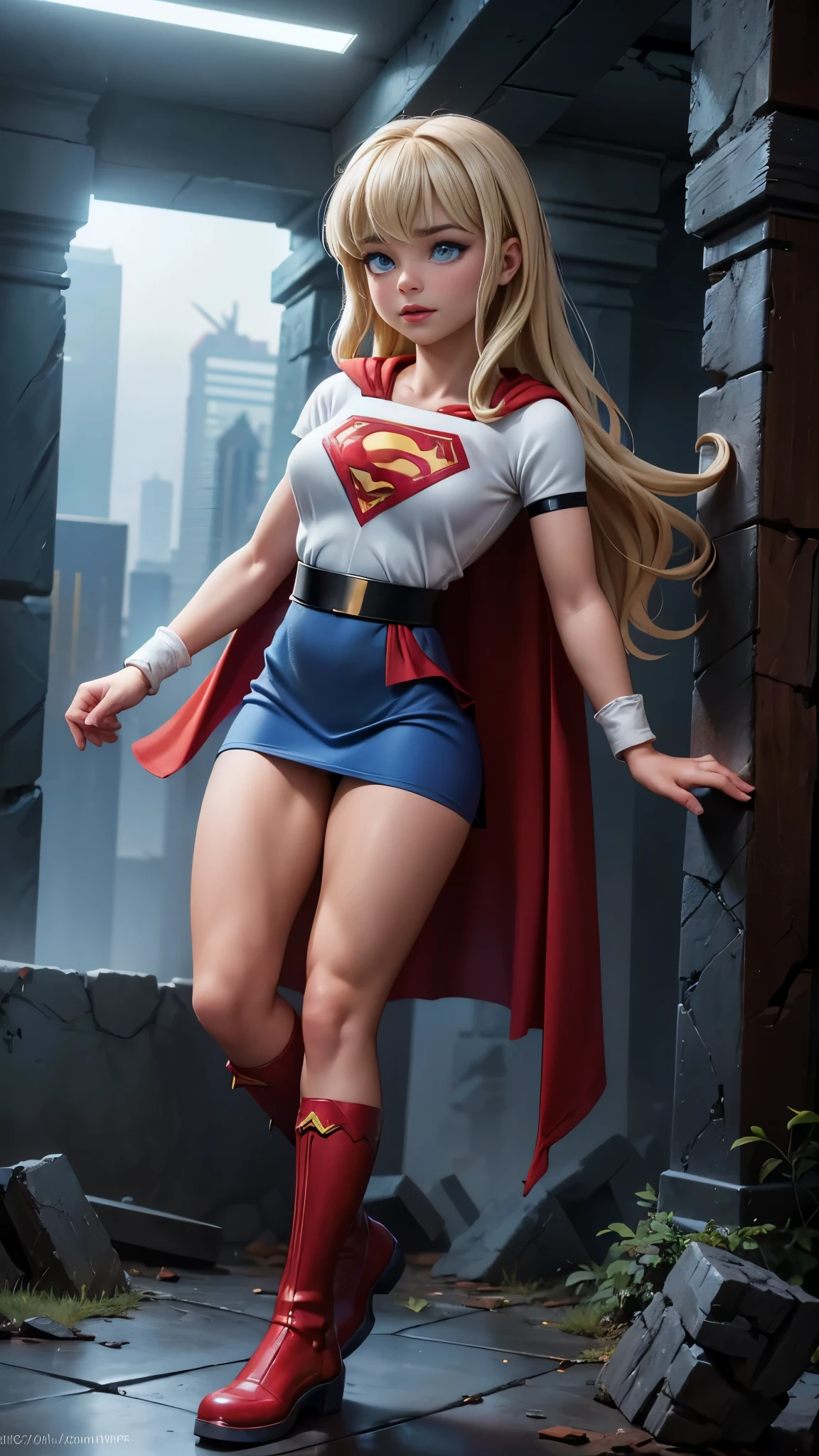 8K, Ultra HD, super details, high quality, high resolution. The heroine Supergirl looks beautiful in a full-length photo, her body is sculptural, her long wavy blonde hair is radiant in a perfect combination with her white skin, her bright blonde eyes mesmerize everyone. She is wearing her heroine outfit, a red skirt with a yellow belt, a very tight blue t-shirt with a big red S on the chest, Elta also wears a red cape and red boots. she looks very sexy drawing attention to her big breasts and thick legs as she flies through the sky.,(Fondo de ruinas de mazmorra en ruinas cyberpunk :1.4 ), (supergils superman :1.4), (vestuario white traje :1.4), (Detalles de la cara: 1.5, ojos azules brillantes, hermoso rostro, ojos bonitos, Contorno del iris, labios delgados: 1.5, Thin, sharp pale eyebrows, Long, dark eyelashes, double tabs),(Traje vestuario white :1.4), (mostrando panties white :1.4 ) 