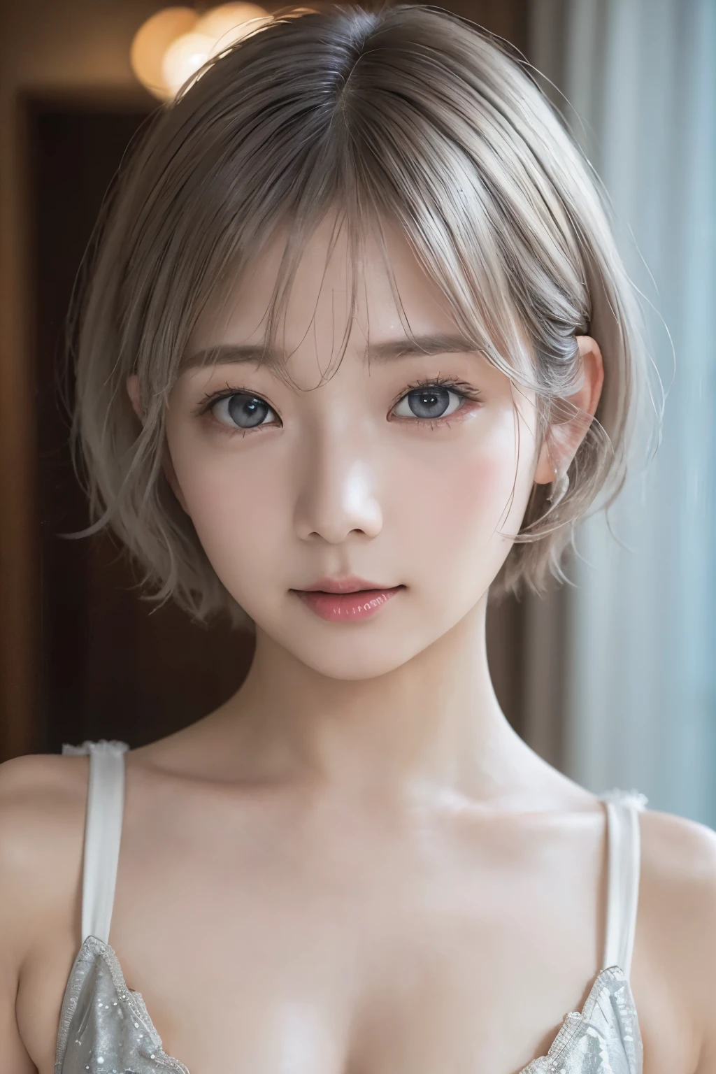 highest quality、8k Masterpiece、超A high resolution、(Photorealistic:1.3)、RAW Photos、1 girl、Silvery white short bob cut:1.4、Glowing Skin、1. Open-chested clothing、((Small, flat chest:1.5))、((Ultra-Realistic Details))、Portrait、Global Illumination、Shadow、Octane Rendering、8k、Super sharp、Beautiful breasts、Bare skin exposed in the cleavage、Metal、Cold colors、、Very intricate details、Realistic Light、CGSoation Trend Beautiful Eyes、Eyes shining at the camera、Neon Details、Korean Idol Girls、Shining light gray eyes、、Small and shapely、Flat chest、