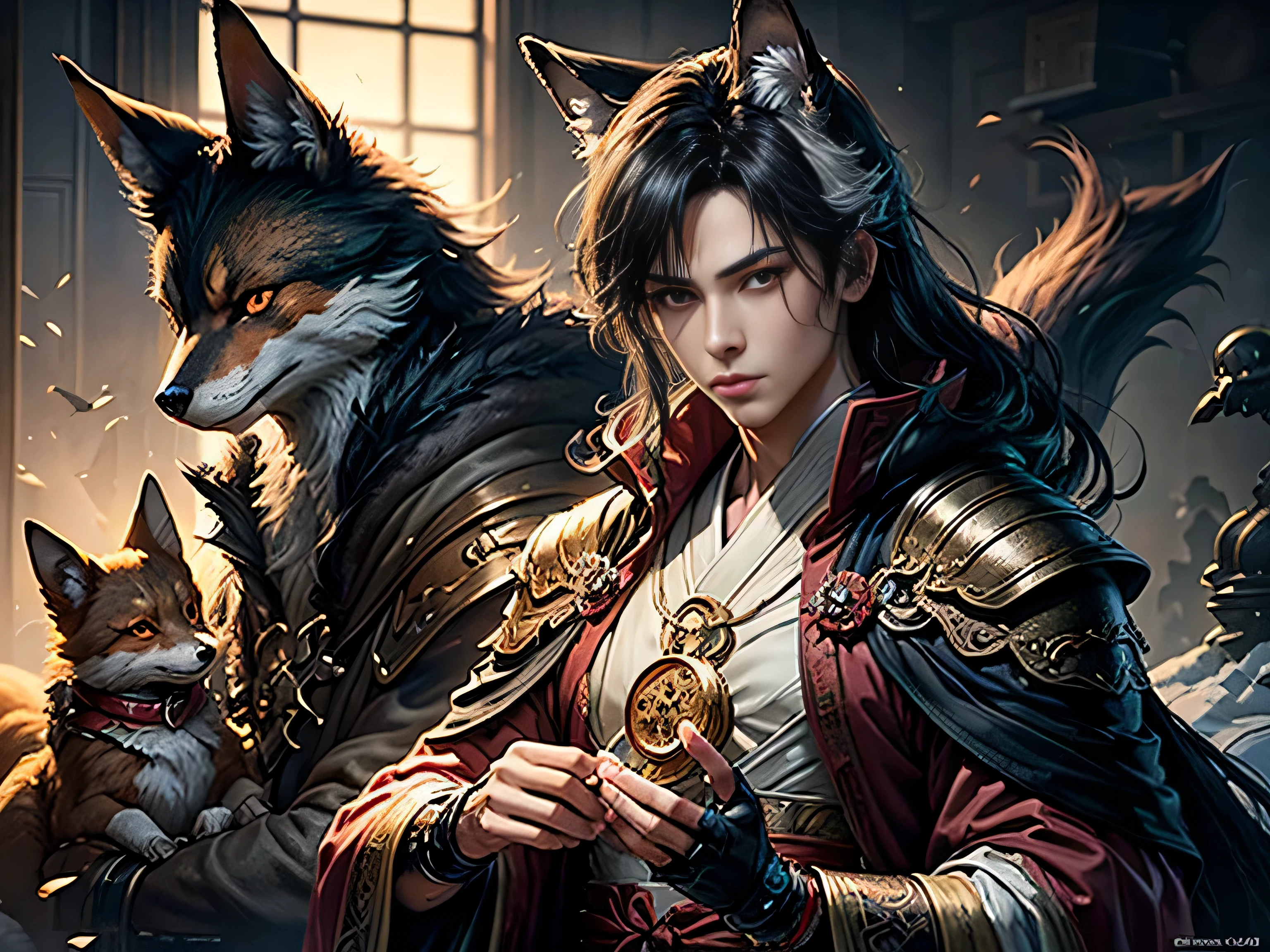 (Best Quality, 8K, Masterpiece, HDR, Soft Lighting, Picture Perfect, Realistic, Vivid), Black Haired Guy and Little Fox Lying on the Snow, Kitsune, Beautiful Fox, Nobushi Fox, Handsome Male Kitsune, Digital Anime Illustration, Beautiful Illustration , beautiful digital artwork, exquisite digital illustrations, realistic digital anime art, realistic anime style digital art, (ultra high quality fantasy art), masterpiece, ultra high quality male character designs, 8k development anime art, realistic anime art , wallpaper illustrations of the highest quality, complex ultra high quality accurate faces of male characters, high quality design and accurate physics (ultra high quality fantasy style)), art, dark fantasy)) Style), masterpieces, super high quality characters, anime resolution - 8K, realistic anime art , wallpaper illustrations of the highest quality, ultra-high detail of faces, high-quality design and accuracy of physics), color, depth of field, shadows, ray tracing, production of computer wallpapers of high quality and 8K resolution, Fantasy Love Fox, Dark Fox-magician, (Accurate simulation of interaction light and materials)], [Highly detailed hair [More about beautiful and shiny red hair]], (Beautifully detailed hands [perfect fingers [Perfect nails]], (perfect anatomy (perfect proportions))) [[Full-length]], [Perfect color combination (Accurate simulation of the interaction of light and material)], [art that conveys the meaning of a story]