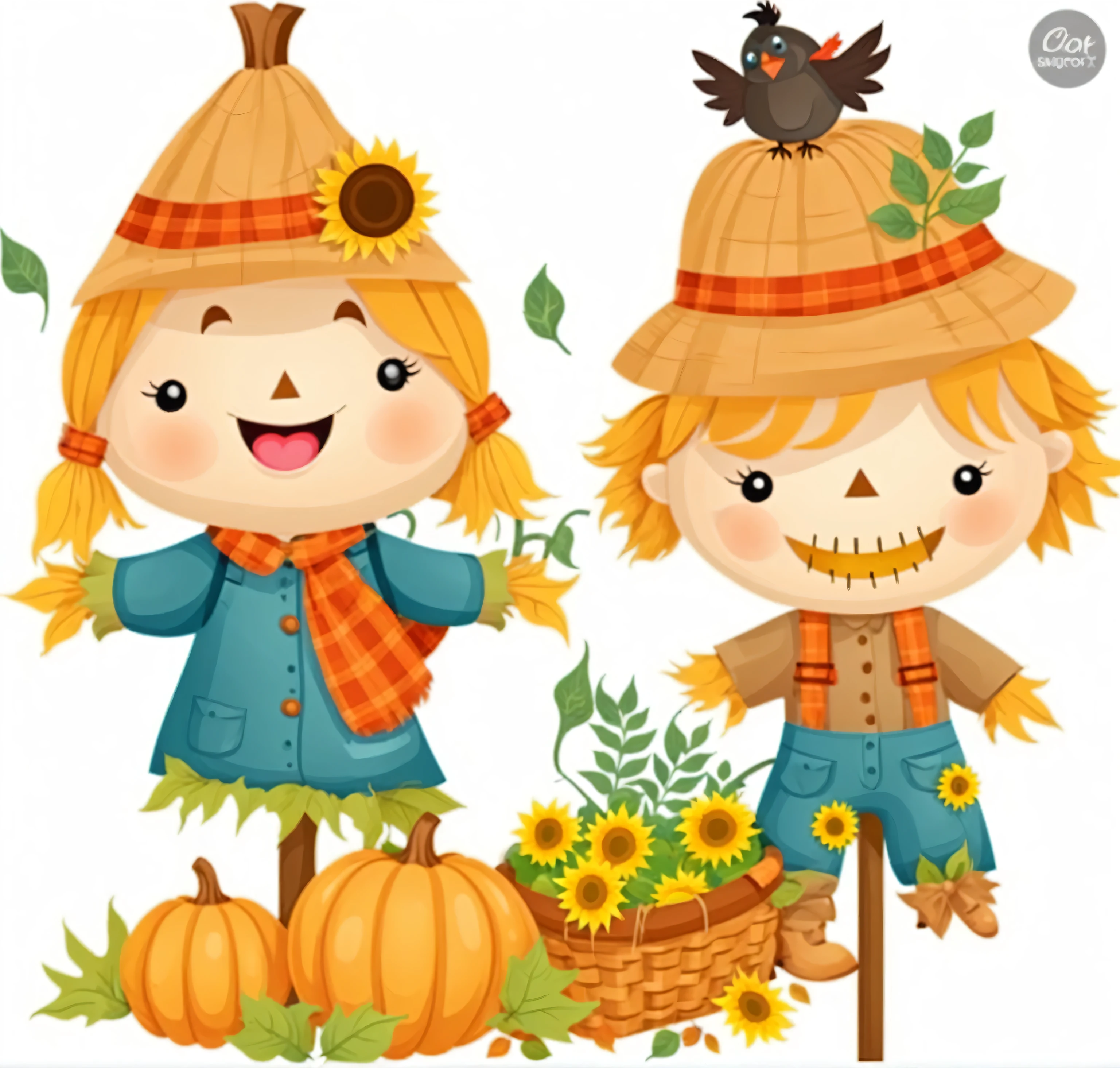 Basket of pumpkins and sunflowers, cartoon illustration, scarecrow, autumn season, vector illustration, thanksgiving theme, children's illustration, pumpkin farm background, dressed in farmer clothes, cute autumn leaves