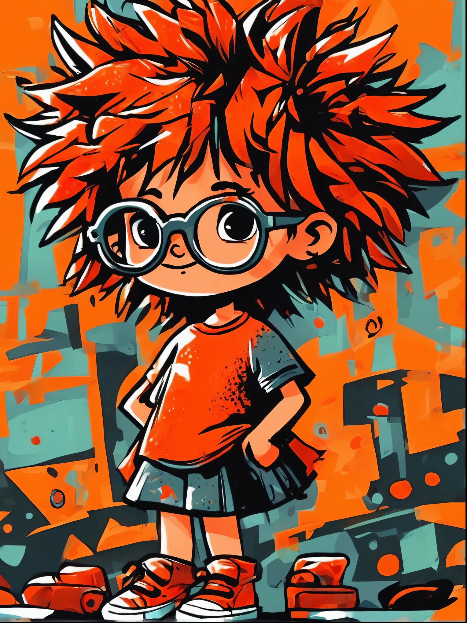 A cartoon doodle character，Vector illustration，A sweet and lovely ***********，wear glasses，Freckles，Messy hair，Color: red、Orange and black，Rough style，The background should be a simple hand-drawn doodle pattern, Adds whimsy to the scene, 1xhsn1