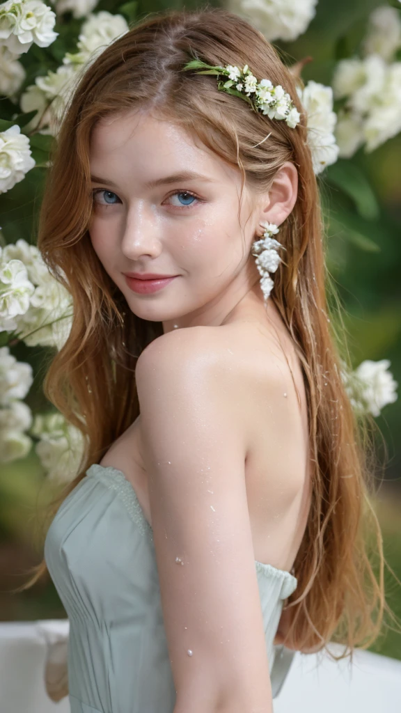 Beautiful handsome woman, ((top quality, 8k, masterpiece:1.3)), pretty woman, huge breasts:1.3, slender figure:1.1, elastic ginger long hair, (shower, wet body, wet clothes:1.1), very detailed face, detailed lips, detailed eyes, double eyelids, detailed blue eyes, extremely detailed outstanding blue eyes, ginger hair, ginger hair, naked ass, huge round earrings, tattoo on the chest, flower wreath, slight smile, detailed flower wreath