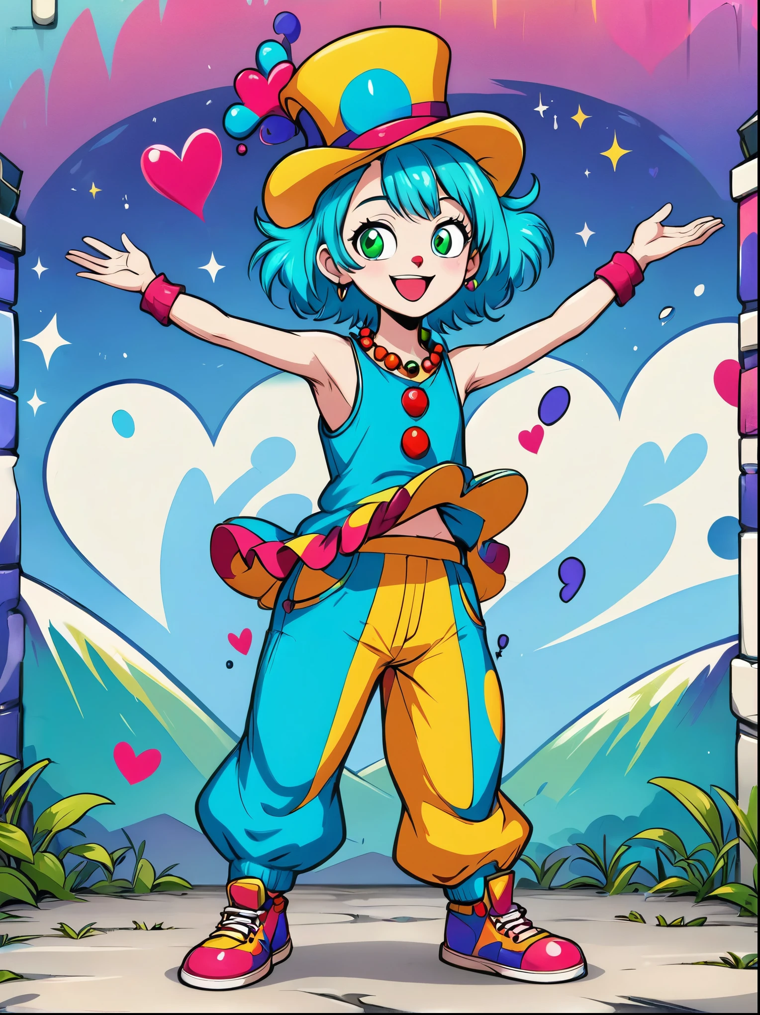 A cartoon doodle character，Vector illustration，(clown:1.3)，With a playful smile and big, shining eyes，Slender figure，Dressed in chaotic and brightly colored clothes，Includes an ornate hat with a heart symbol，Baggy pants and oversized shoes，This character shows vivid excitement，Arms open，As if preparing to perform magic，Hovering in an otherworldly landscape, Standing in front of a graffiti style background，Adds whimsy to the scene, 1xhsn1