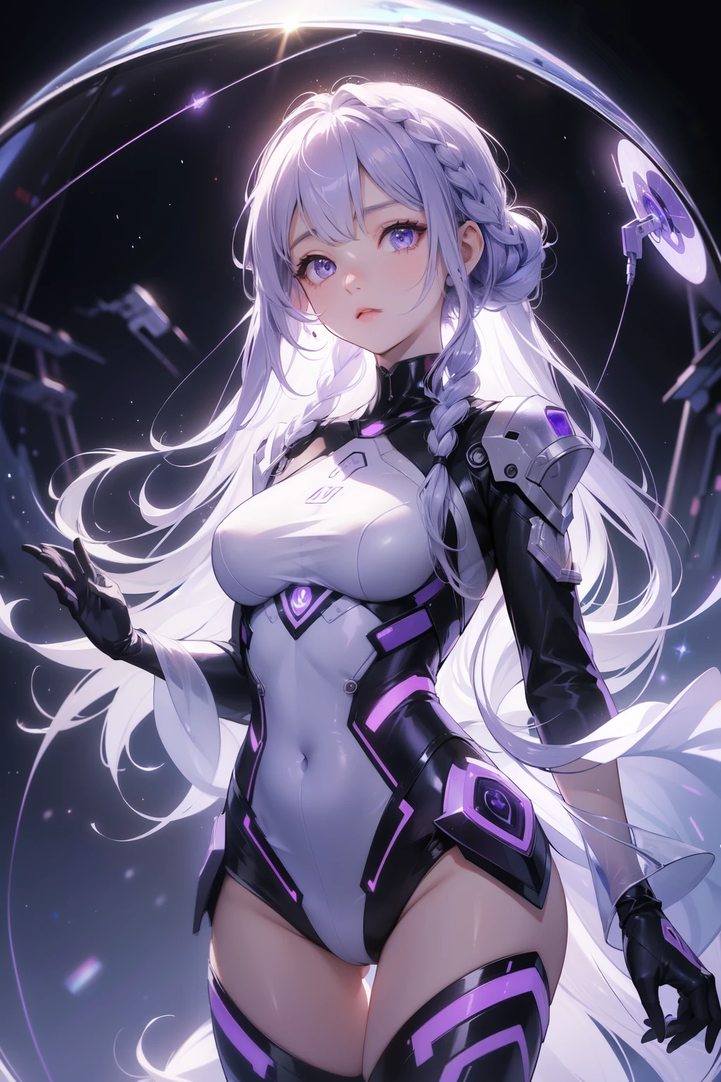 Chinese girl, icy-lilac hair, white skin, icy blue eye, white skimpy ninja suit, video game style