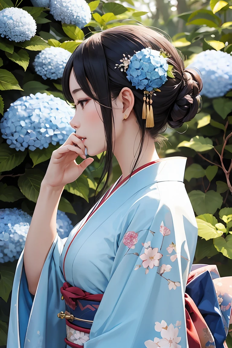 masterpiece ,highest quality, delicateな髪の美しい女性, Flowers, forest, Blooming hydrangeas,profile,Fleeting,beauty,delicate,Cinematic,Japanese women,profile,mature,Shiny woman,downward profile,light blue floral kimono,Genuine,White flower hair ornament,Posing to be thinking,Put your hand over your mouth,Downward Angle,Diagonally downward