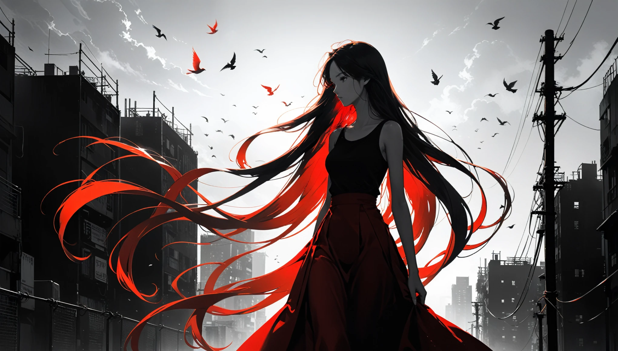 (in style of Ashley Wood:1.3), (in style of Takeshi Obata:0.9),
black and white urban skyline background, intricate urban details,
protruding utility poles, tangled wires of the city,
(a red silhouette of a young girl:1.6), minimalist silhouette,
standing gracefully among the wire mesh, red silhouette stands out,
flowing long skirts, swirling gracefully in the breeze,
(incredibly long hair fluttering in the wind:3.0), hair gracefully dancing in the urban pulse,
hair taking center stage in the composition, black and white background,
wide_shot capturing the urban essence,
silhouette of a teenage girl gracefully posed amongst electric poles,
(selulu style:1.4), adding a touch of mystique to the urban landscape.