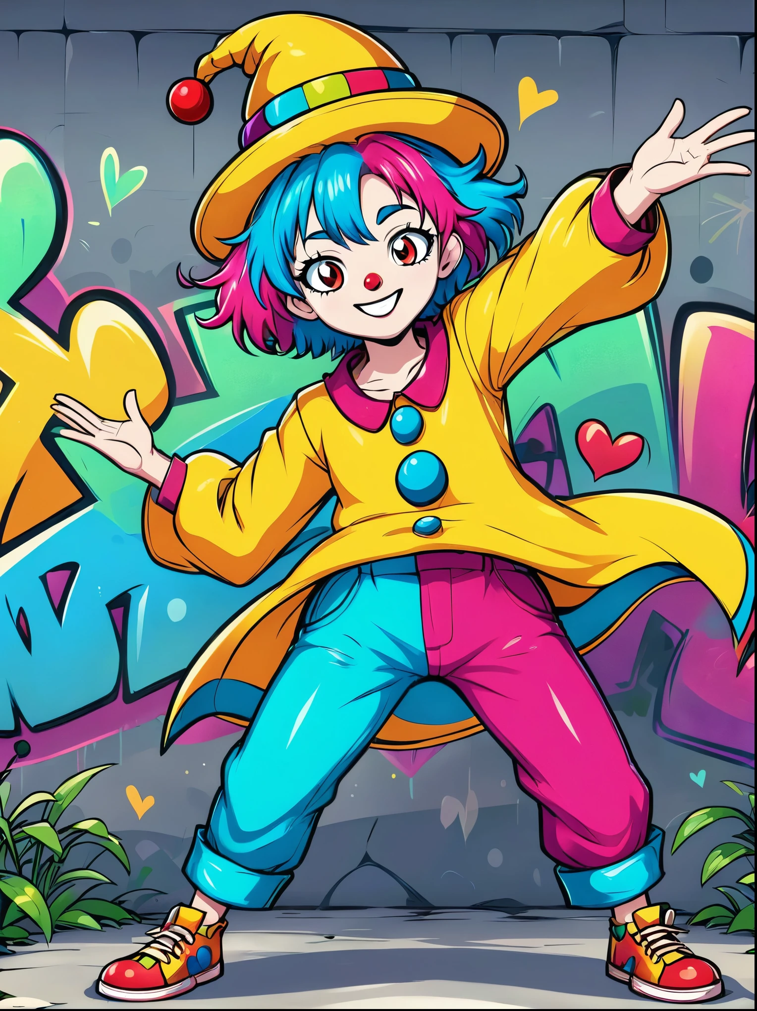 A cartoon doodle character，Vector illustration，(clown:1.3)，With a playful smile and big, shining eyes，Slender figure，Dressed in chaotic and brightly colored clothes，Includes an ornate hat with a heart symbol，Baggy pants and oversized shoes，This character shows vivid excitement，Arms open，As if preparing to perform magic，Hovering in an otherworldly landscape, Standing in front of a graffiti style background，Adds whimsy to the scene