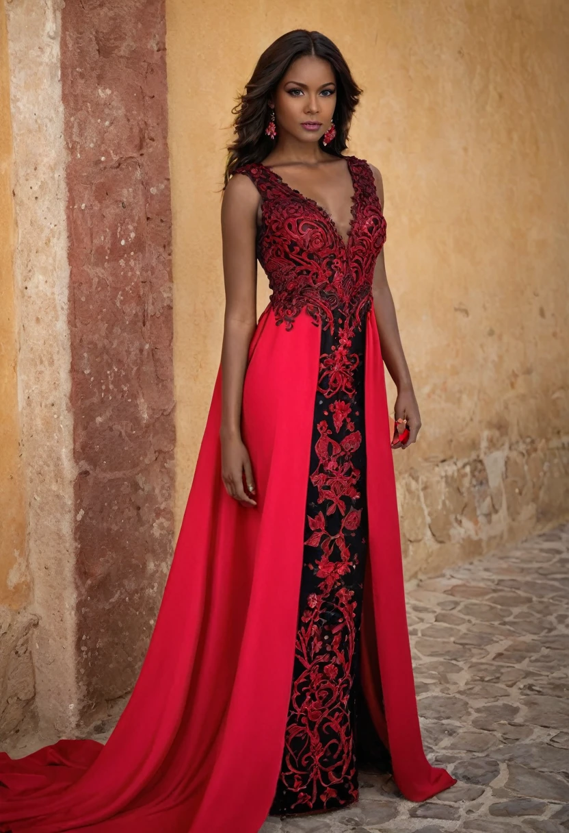 Una mujer de larga melena negra y pintalabios rojo, con un vestido rojo con bordados plateados, posa con una tela roja.
