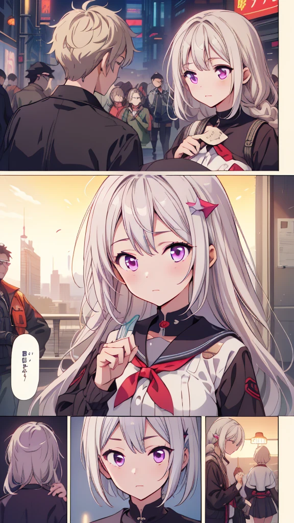 (masterpiece, highest quality), detailed, comics, Manga Page, Doujinshi, Download contents, anime, Branch Panel, (From right to left, Top to bottom),  17-year-old high school student、1girl、The girl has long, straight hair with a milky white color on top and a purple gradient towards the ends.、Braided with two knots、cyberpunk sailor suit、 17-year-old high school studentの男女の出会い, 1boy, (others boys, Various random faces, Various random hairs), (1boy, boy, Short white hair, Cyberpunk , detailedが満載)、The girl&#39;s characteristic is yinji,1girl,solo, purple eyes, long hair, twin braids, purple hair, multicolored hair, elbow gloves, bangs, very long hair,bare shoulders, black skirt, grey hair, dress, smile, side cutout,covered navel, side cutout,
