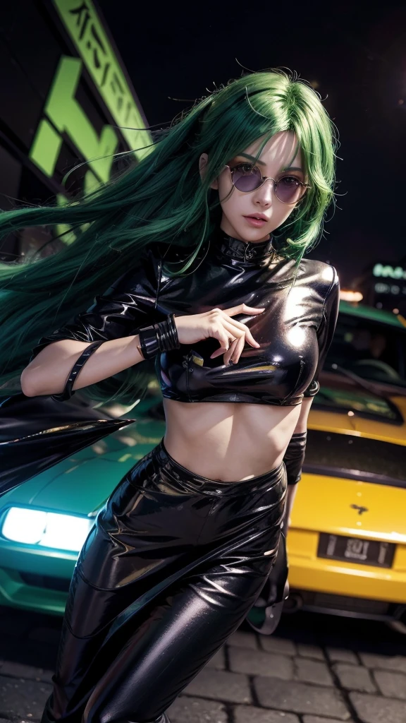 a gorgeous women with vibrant green hair and stylish sunglasses,hips up,full body, extremely detailed face, beautiful eyes, sharp features, dramatic lighting, cinematic composition, vibrant colors, 8k, photorealistic, masterpiece, stunning anime face, anime art style, demon slayer art, roronoa zoro inspired character, ross tran style, joker looks like naruto, high quality anime character design, trending anime art, best anime character