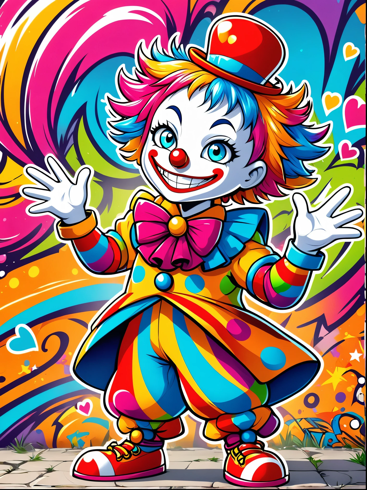 A cartoon doodle character，Vector illustration，(clown:1.3)，With a playful smile and big, shining eyes，Slender figure，Dressed in chaotic and brightly colored clothes，Includes an ornate hat with a heart symbol，Baggy pants and oversized shoes，This character shows vivid excitement，Arms open，As if preparing to perform magic，Hovering in an otherworldly landscape, Standing in front of a graffiti style background，Adds whimsy to the scene, 1xhsn1