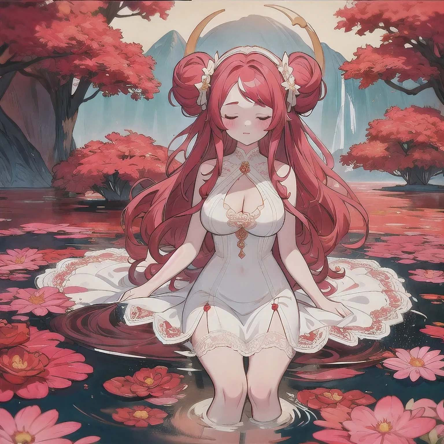 (White Lace abyss)
1girl
bangs
White Lace shoulders
breasts
cleavage
cleavage cutout
closed eyes
crescent
crescent facial mark
double bun
White Lace dress
facial mark
facing viewer
forehead mark
White Lace
long hair
medium breasts
parted bangs
partially submerged
pink hair
red hair
solo
very long hair
wading
water