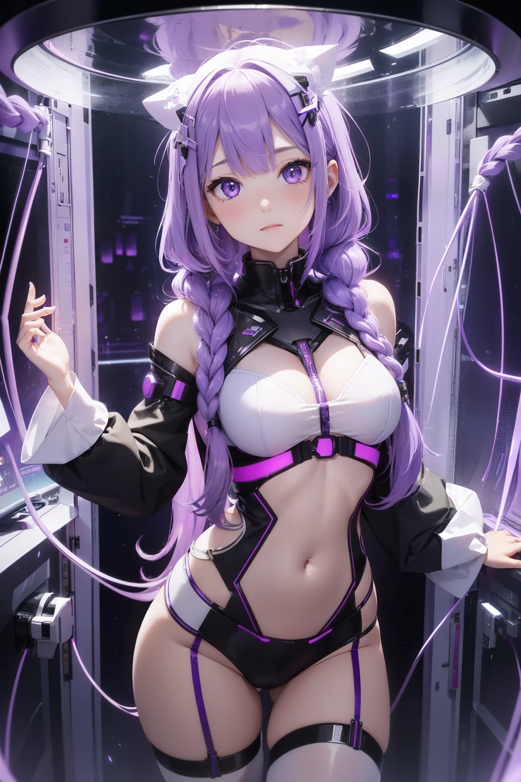 highest quality, 8k, High resolutionアート, High resolution, Super detailed, Very detailed, Cyberspace、(A girl inside a transparent artificial womb、Floating in amniotic fluid、Natural standing posture)、(Numerous digital wires connect the girl from the uterus、Glowing Wiring、Wiring is as follows:々It emits a variety of colors.)、(Open your eyes slightly、How I woke up)、(Purple white gradient twin long braided hair:1.2),Cyber Costume, Sci-Fi Costumes, Shine, 、