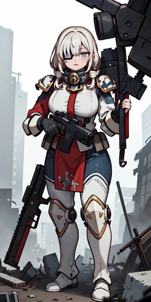 (masterpiece:1.2), (best quality:1.2), perfect eyes, perfect face, perfect lighting, 1girl, mature whsororitas with a laser rifle in her hands, scar over one eye, eyepatch, red tabard, white hair, warhammer 40k, chaos, fire, scifi, detailed ruined city background, power armor