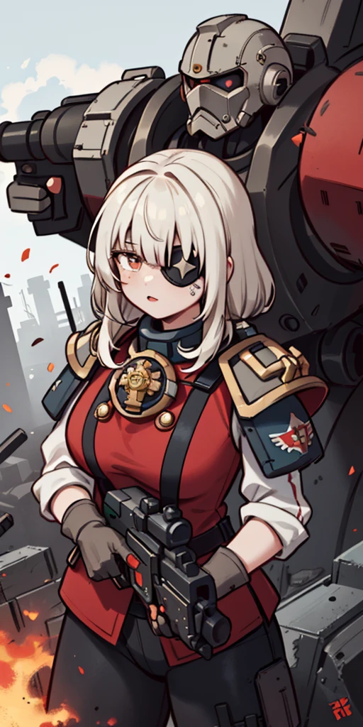 (masterpiece:1.2), (best quality:1.2), perfect eyes, perfect face, perfect lighting, 1girl, mature whsororitas with a laser rifle in her hands, scar over one eye, eyepatch, red tabard, white hair, warhammer 40k, chaos, fire, scifi, detailed ruined city background, power armor