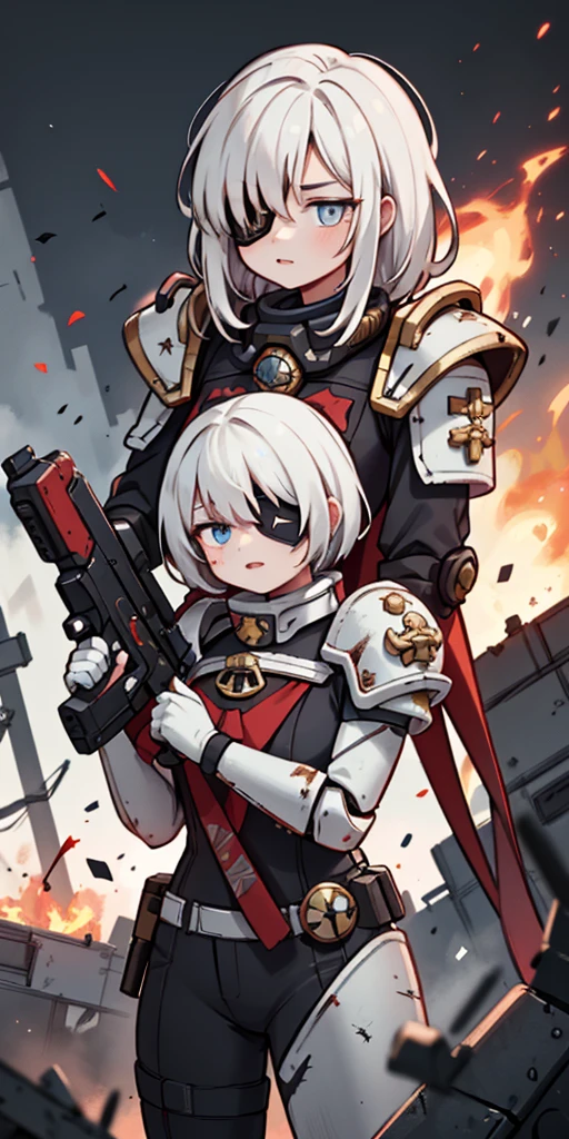 (masterpiece:1.2), (best quality:1.2), perfect eyes, perfect face, perfect lighting, 1girl, mature whsororitas with a laser rifle in her hands, scar over one eye, eyepatch, red tabard, white hair, warhammer 40k, chaos, fire, scifi, detailed ruined city background, power armor