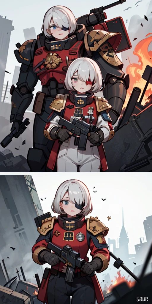 (masterpiece:1.2), (best quality:1.2), perfect eyes, perfect face, perfect lighting, 1girl, mature whsororitas with a laser rifle in her hands, scar over one eye, eyepatch, red tabard, white hair, warhammer 40k, chaos, fire, scifi, detailed ruined city background, power armor