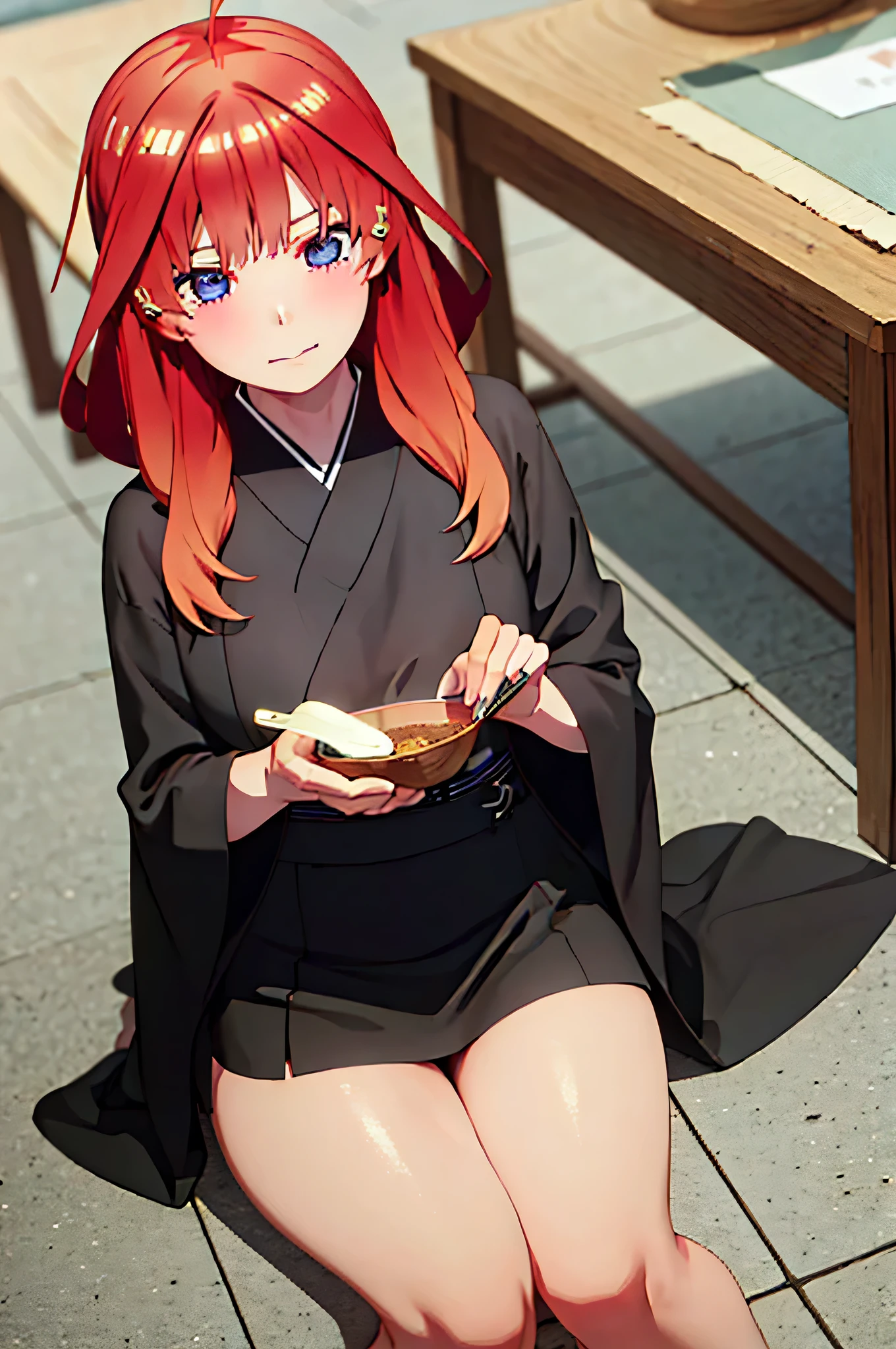 (Masterpiece, Best Quality:1.2), solo, 1girl, Itsuki ,unamused, closed mouth, looking a viewer, hand on our face, sitting, Short black kimono ,big thighs,crossed legs