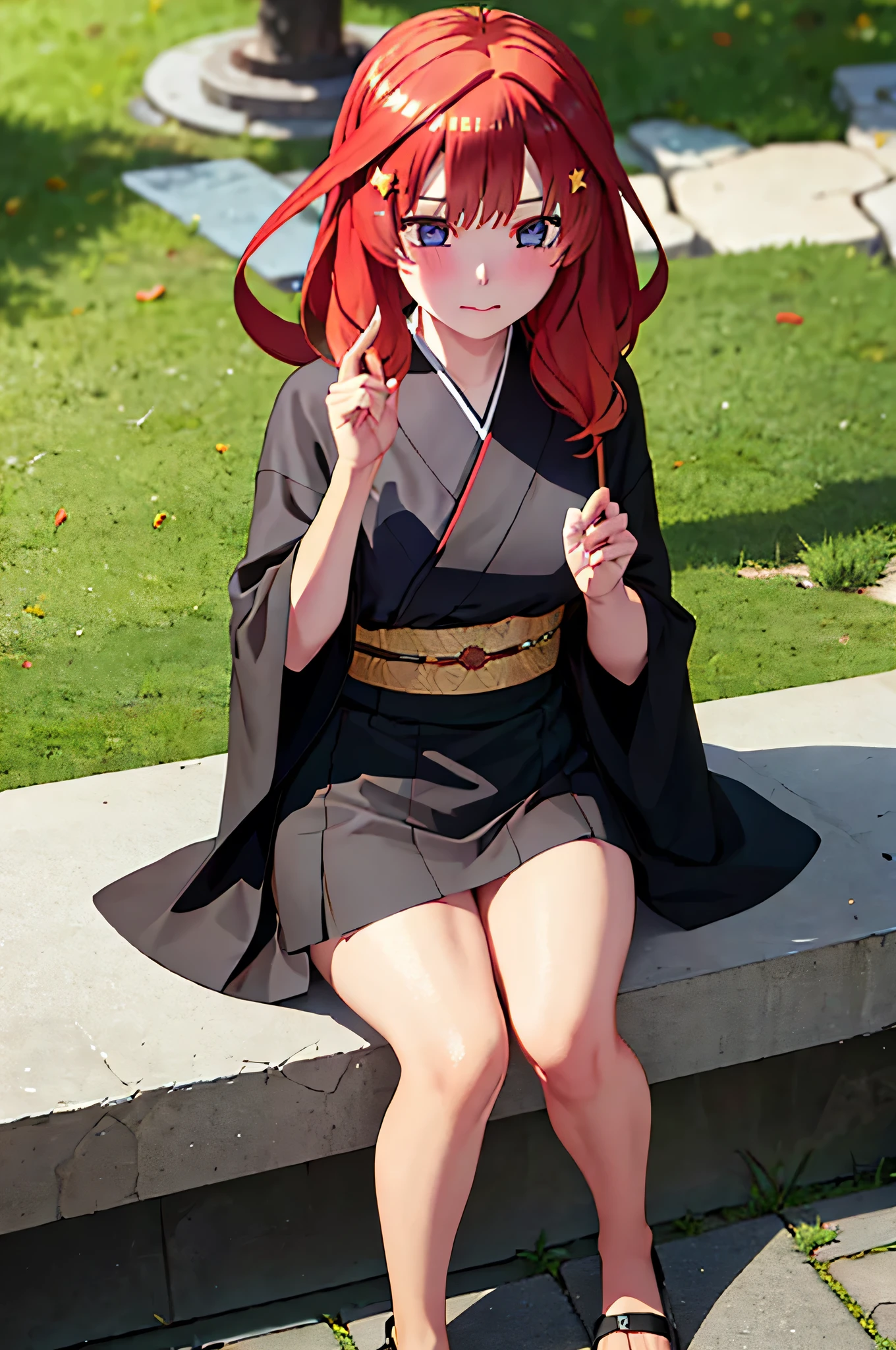 (Masterpiece, Best Quality:1.2), solo, 1girl, Itsuki ,unamused, closed mouth, looking a viewer, hand on our face, sitting, Short black kimono ,big thighs,crossed legs