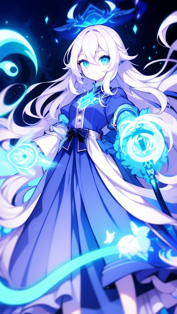 girl,k hd,4K,face expressionless,style of anime,sideface,blue color eyes,white color hair,((full body)),Confused eyes,(default character)SD character, masterpiece,best quality,ultra detailed,4K,super fine illustration,highly detailed beautiful face and eyes,cyan color scheme, lighting,fantasy,extremely solemn atmosphere,long hair,floating hair,smirk,fighting stance,dynamic pose,(holding glowing sword:1.3),particle light,luminescence,plasma,electric current,blue flame,sense of depth,dynamic angle,