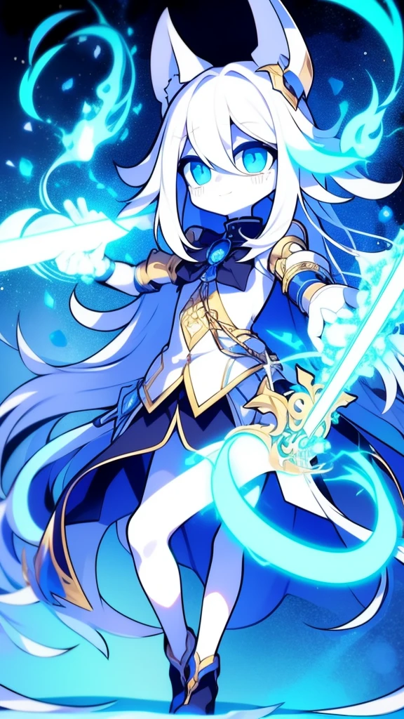 girl,k hd,4K,face expressionless,style of anime,sideface,blue color eyes,white color hair,((full body)),Confused eyes,(default character)SD character, masterpiece,best quality,ultra detailed,4K,super fine illustration,highly detailed beautiful face and eyes,cyan color scheme, lighting,fantasy,extremely solemn atmosphere,long hair,floating hair,smirk,fighting stance,dynamic pose,(holding glowing sword:1.3),particle light,luminescence,plasma,electric current,blue flame,sense of depth,dynamic angle,