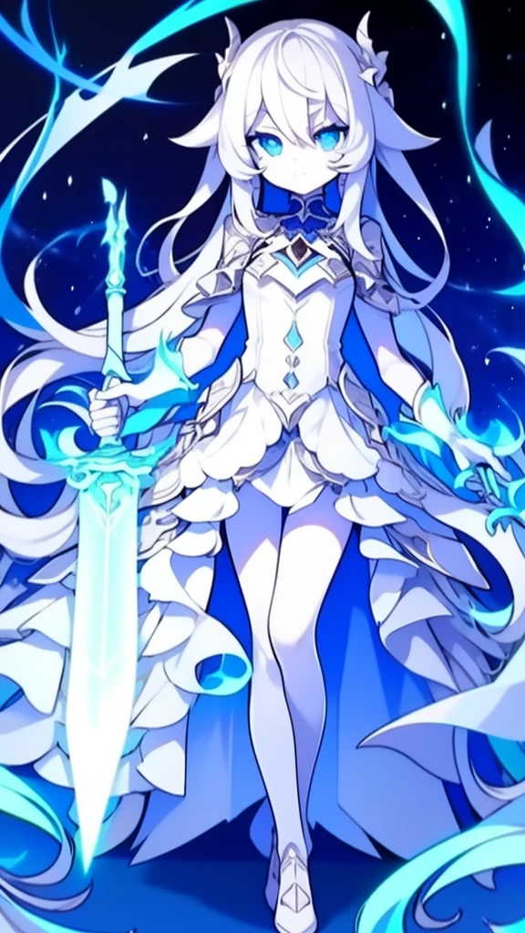 girl，k hd，4K，face expressionless，style of anime，sideface，blue color eyes，white color hair,((full body)),Confused eyes,(default character)SD character, masterpiece,best quality,ultra detailed,4K,super fine illustration,highly detailed beautiful face and eyes,cyan color scheme, lighting,fantasy,extremely solemn atmosphere,long hair,floating hair,smirk,fighting stance,dynamic pose,(holding glowing sword:1.3),particle light,luminescence,plasma,electric current,blue flame,sense of depth,dynamic angle,