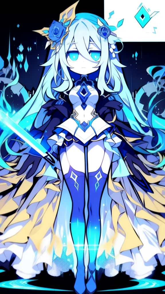  girl，k hd，4K，face expressionless，style of anime，sideface，blue color eyes，white color hair,((full body)),Confused eyes,(default character)SD character, masterpiece,best quality,ultra detailed,4K,super fine illustration,highly detailed beautiful face and eyes,cyan color scheme, lighting,fantasy,extremely solemn atmosphere,long hair,floating hair,smirk,fighting stance,dynamic pose,(holding glowing sword:1.3),particle light,luminescence,plasma,electric current,blue flame,sense of depth,dynamic angle,