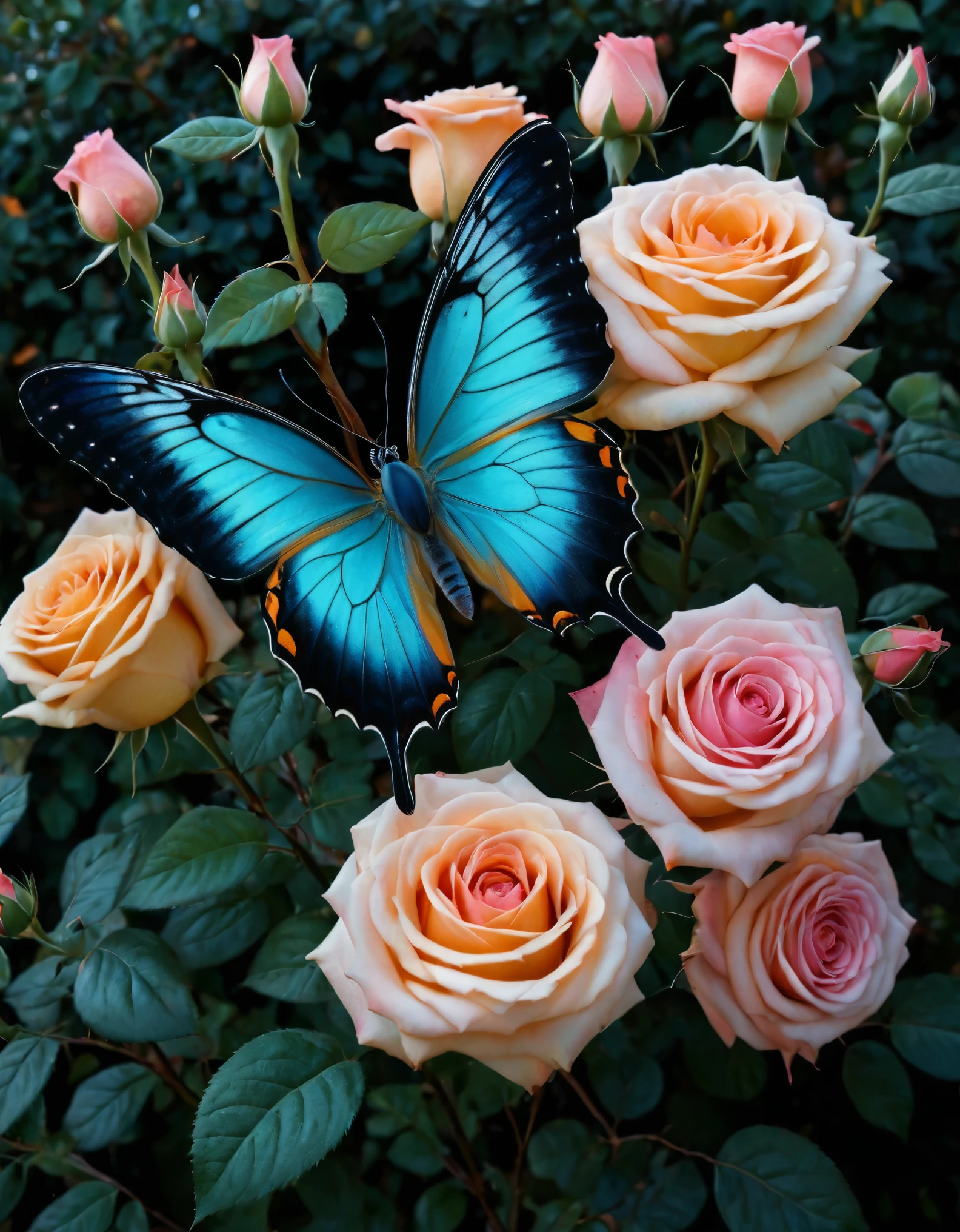 A vivid, surreal painting featuring a large, colorful butterfly perched atop a bouquet of roses. The butterfly's wings are predominantly orange and yellow with accents of blue and black. Surrounding the butterfly, the roses are in various shades of pink, orange, and red, with intricate, swirling patterns of blue, purple, and teal leaves and tendrils. The background is black, making the colors pop and creating a dramatic, eye-catching effect. Light and shadows are used to add depth and dimension to the image.