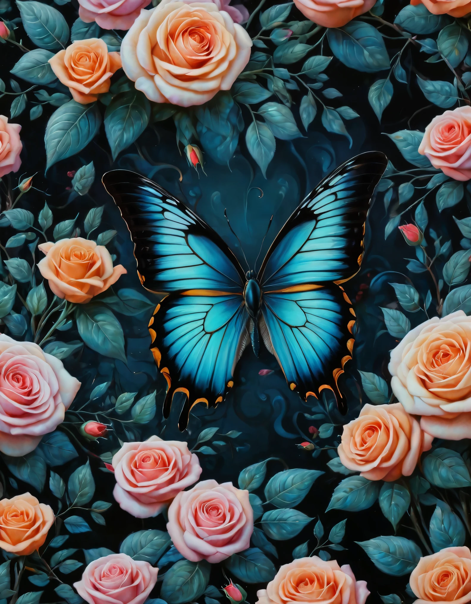 A vivid, surreal painting featuring a large, colorful butterfly perched atop a bouquet of roses. The butterfly's wings are predominantly orange and yellow with accents of blue and black. Surrounding the butterfly, the roses are in various shades of pink, orange, and red, with intricate, swirling patterns of blue, purple, and teal leaves and tendrils. The background is black, making the colors pop and creating a dramatic, eye-catching effect. Light and shadows are used to add depth and dimension to the image.
