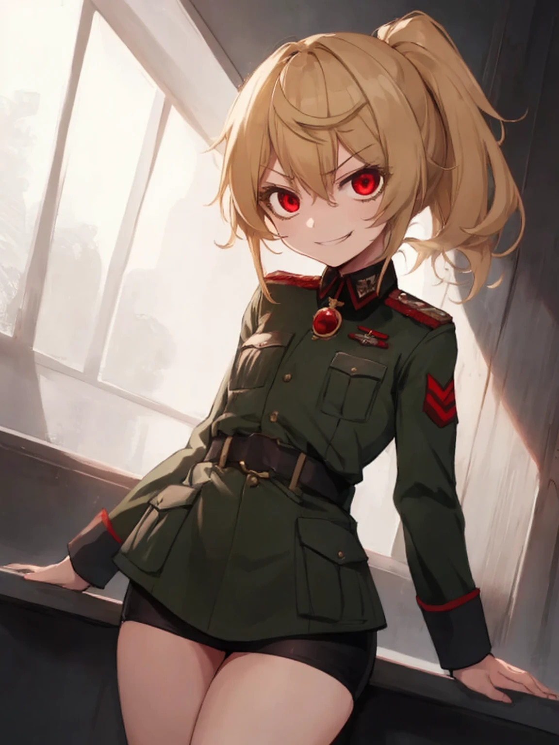 (masterpiece, best quality: 1.1), 1girl solo, tanya, 1girl, solo, , flat chest, small breasts, curvy, military, military uniform, ,, evil smile, wicked expression, anger, red eyes, neutral lighting