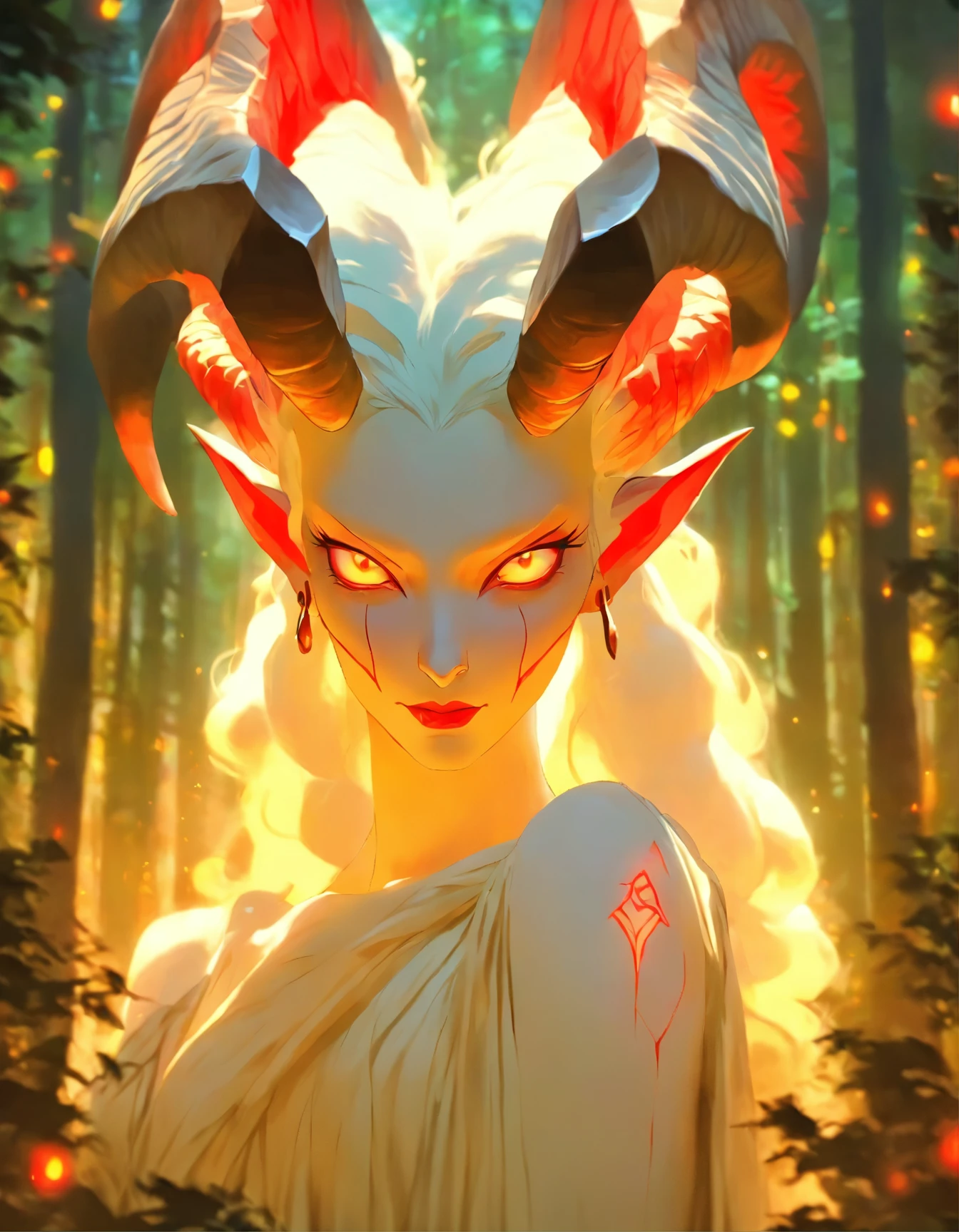arafed woman with horns and white makeup in a forest, white horns queen demon, demon white horns, female humanoid creature, horns and red eyes, white horns from eyebrows, with horns, fit male demon with white horns, portrait of albino mystic, albino mystic, attractive tiefling druid, face of a pale alien cultist, lolth