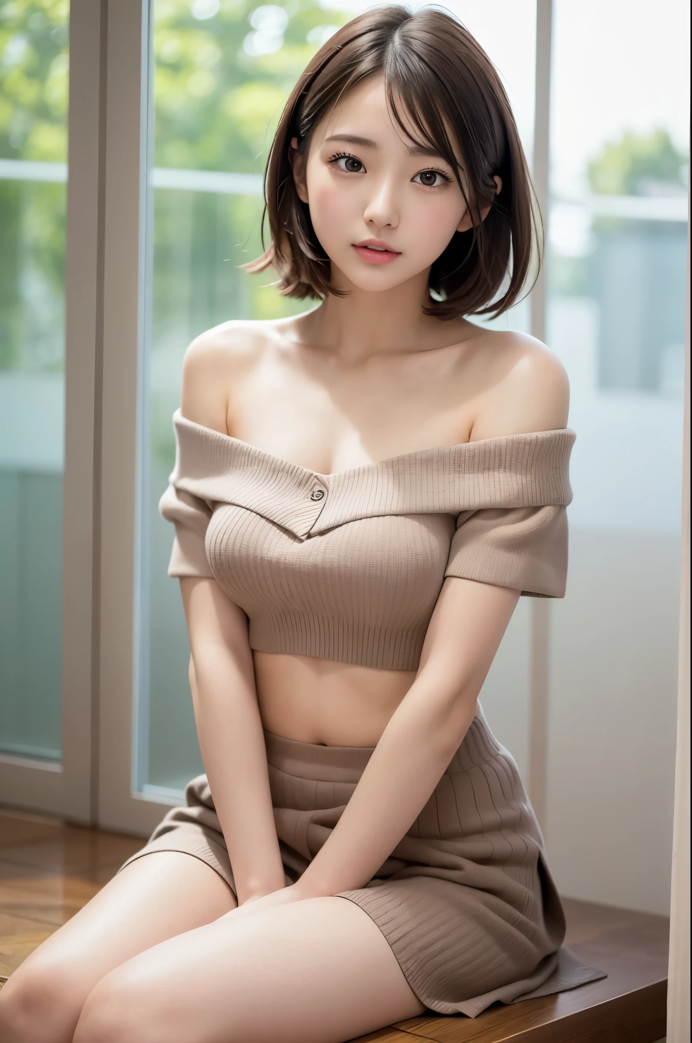 (High resolution、8k:1.3)、masterpiece、(Ultra-realistic as a photo:1.3)、Very nice finish、perfect anatomy, Sharp focus, 超High resolutionの顔、highest quality、The face is in focus、Ultra high definition and beautiful eyes、Eyes are symmetrical、High quality and beautiful skin、Firm Skin、Japanese Girls, Slender、very cute、17 years old、(Off the shoulder、Pleated skirt、mini skirt), Natural Makeup, (blush:1.3), (Embarrassing:1.3)、Sitting、(View your viewers:1.3)，short hair, messy hair
