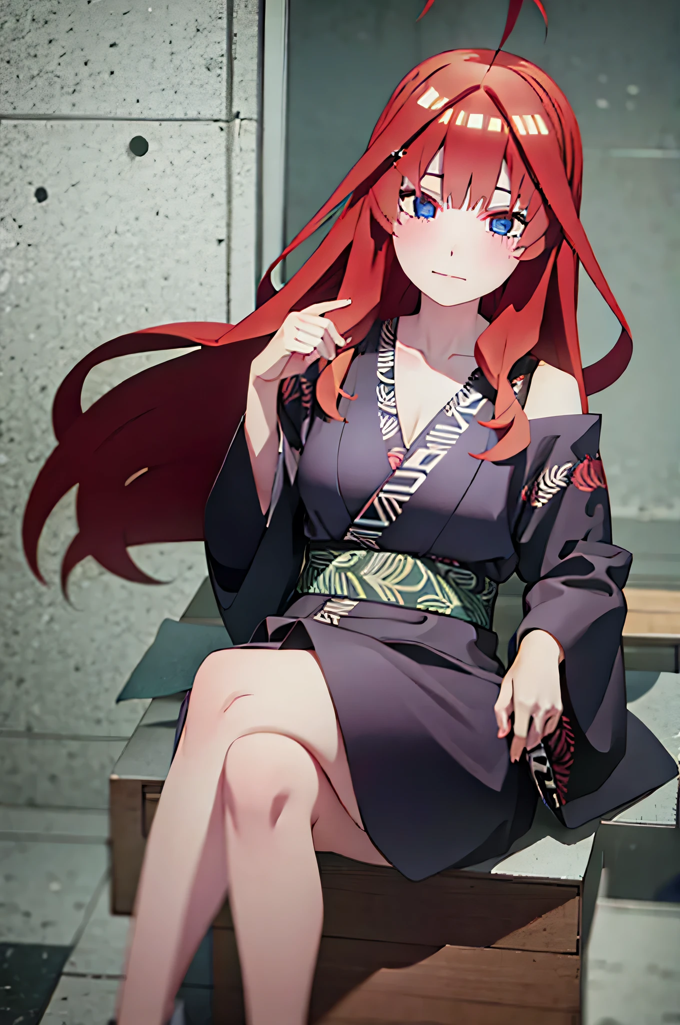 (Masterpiece, Best Quality:1.2), solo, 1girl, Itsuki  ,unamused, closed mouth, looking a viewer, hand on our face, sitting, Short black kimono ,big thighs,crossed legs