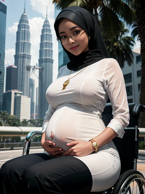 Beautiful glasses sexy Malay pregnant girl aged 20 years, olive skin, sharp nose, thin lips, oval face, sharp girl, neat hijab covering all her hair, wearing a tight white kebaya combined with a glamorous black suit, long black trousers, a swiss polo golden watch, bangles, bracelets, necklace, holding a smartphone, sitting on wheelchair, seen from the front, full body, Petronas twin tower background, background looks so clear, street photography, realistic photos, 85mm lens, ultra HD, cinematic, very detailed, sharp focus, detailed horny face, teasing smile