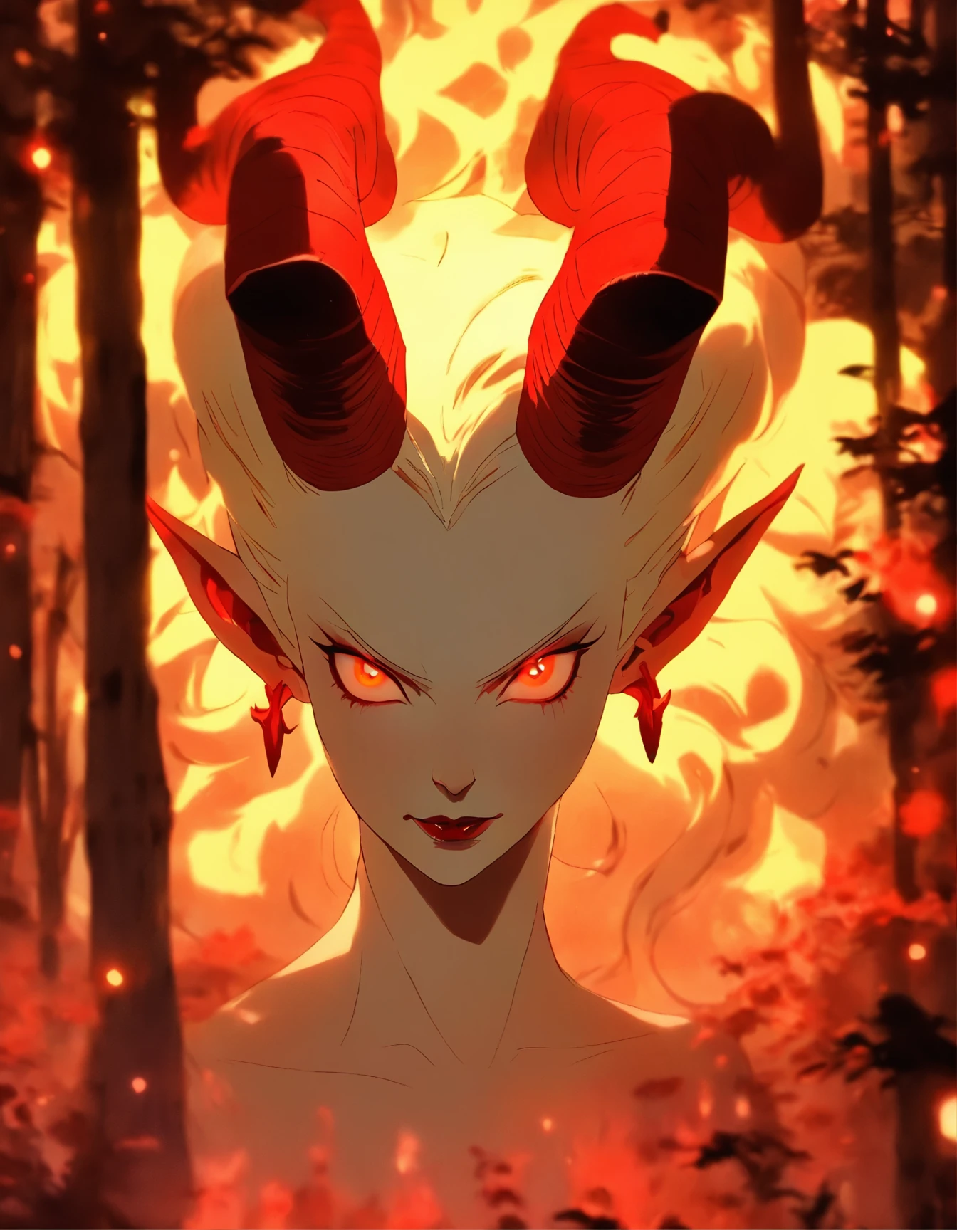 arafed woman with horns and white makeup in a forest, white horns queen demon, demon white horns, female humanoid creature, horns and red eyes, white horns from eyebrows, with horns, fit male demon with white horns, portrait of albino mystic, albino mystic, attractive tiefling druid, face of a pale alien cultist, lolth