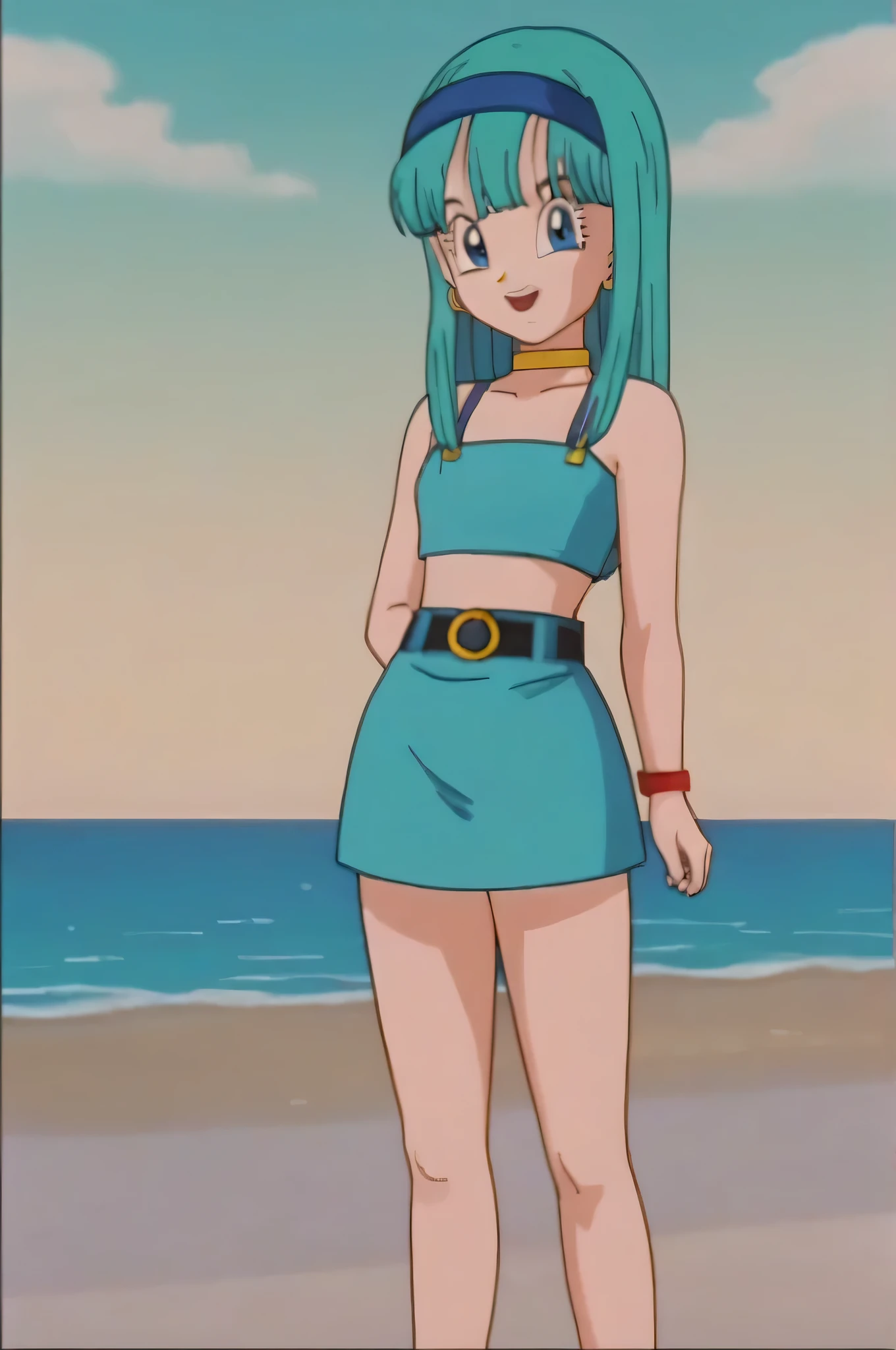 source_anime, score_9, score_8_up, score_7_up, anime screencap, bulla, 1girl, solo, long hair, aqua hair, looking at viewer, smile, open mouth, bangs, collarbone, outdoors, sky, cloud, day, eyelashes, hoop earrings, eyebrows, bare shoulders, cloudy sky, red hairband, earrings, blue eyes, bare legs, masterpiece, best quality, very aesthetic, absurdres, black bikinis, black panty, midriff, blue skies, standing, cowboy shot, beach, ocean
