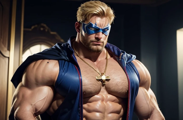 Dressed as ‘Captain Britain’with mask and shield. Whole body image of an Absolute monster of a Caucasian is showing off his huge bicep muscles. Huge huge shoulders, he is as broad as he is tall. 30 years old. bleach blond close cropped stubble, powerfully muscled, massive shoulders and biceps. well-defined six pack. Exceptionally thick gold cross necklace. chest tattoo.
