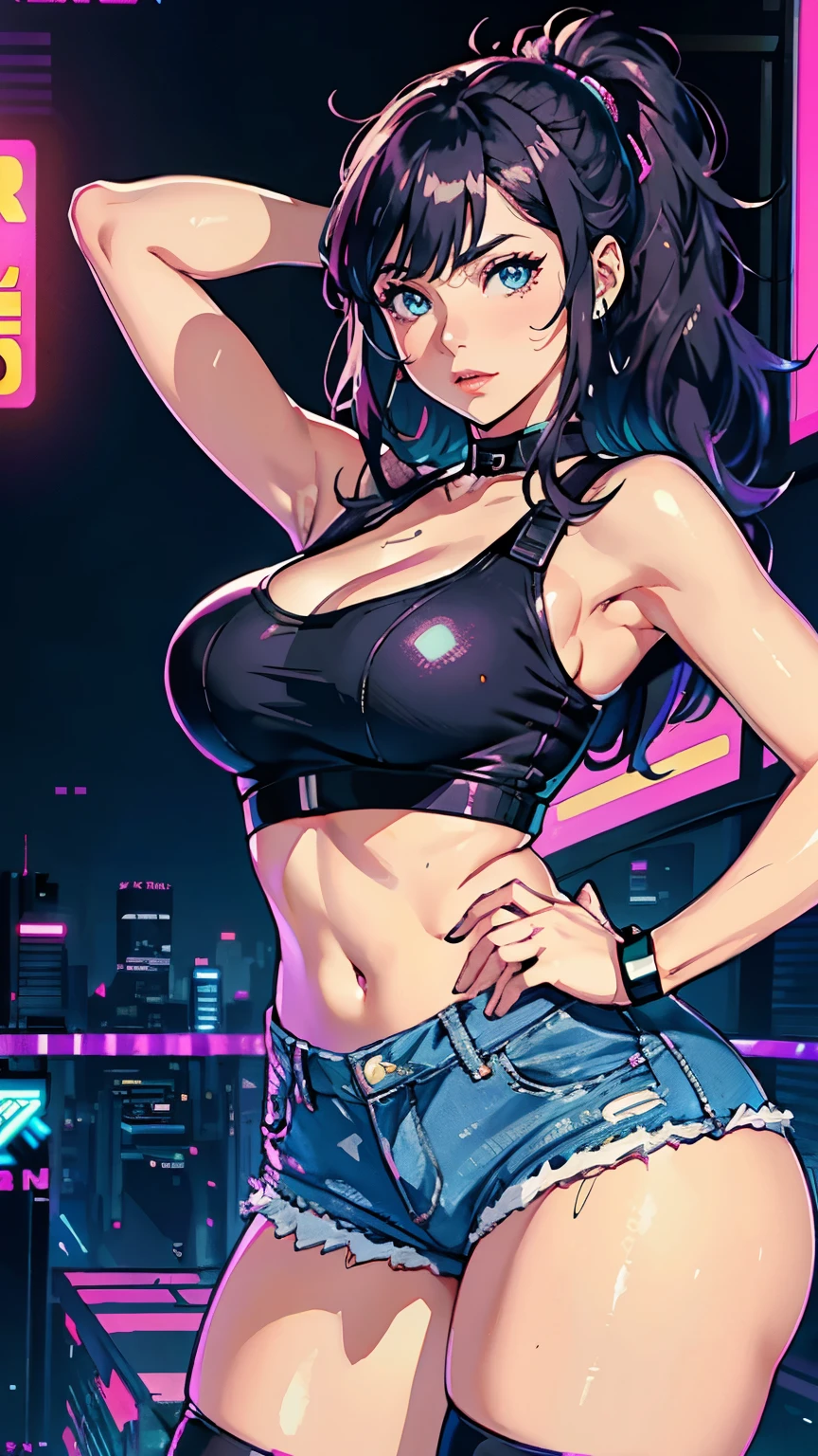 (Hinata Hyuga, whole body, Adult women, Very sensual, In tight clothes, Big Ass, Thick legs, Jean Shorts, Wearing a mini blouse, Navel comes out, Long Hair, Rear speakers, Very realistic, View of the Cyberpunk City, Clearly defined lines, Neon Lights Very Sexy, 8k, 8k Very detailed), (Very delicate and beautiful), (masterpiece), (Better Quality: 1.0), (Ultra-high resolution:1.0), ((Synthwave Background Theme)), whole body像, Vision