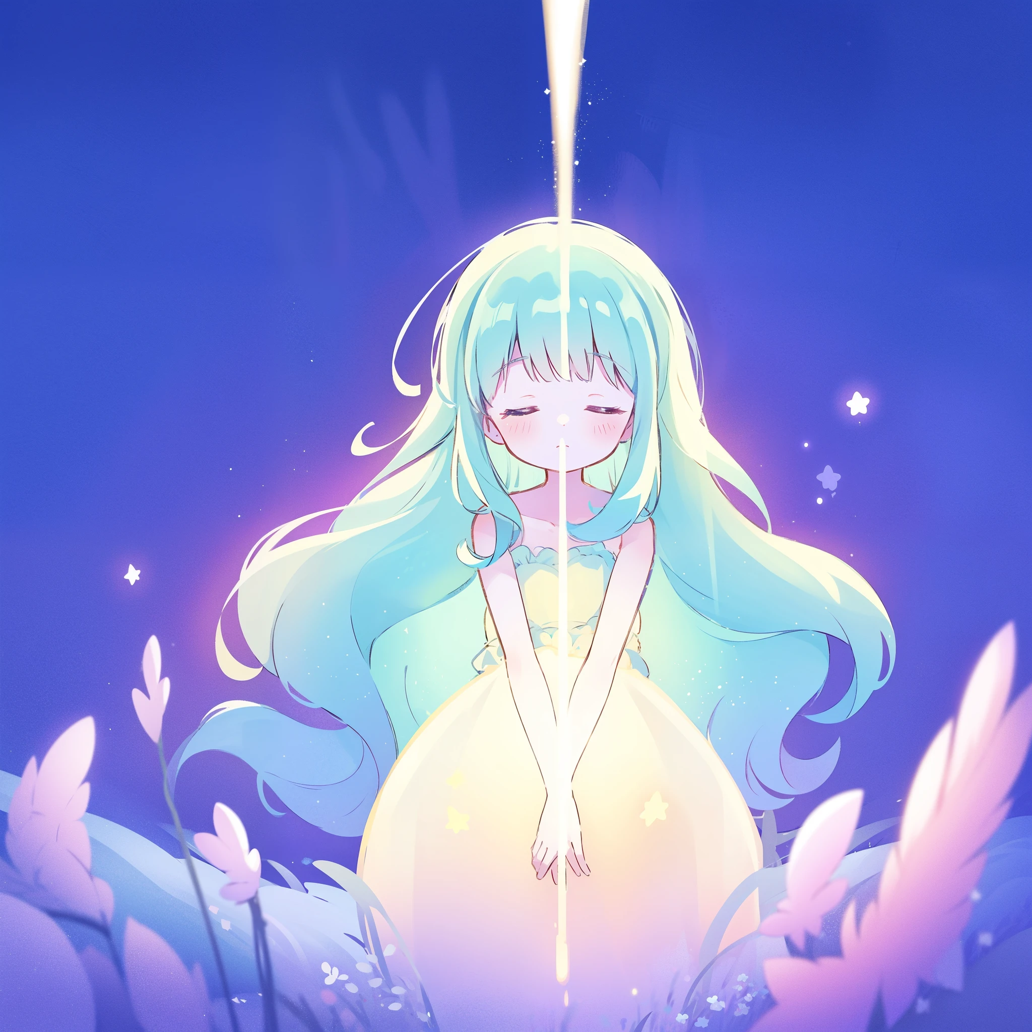 complex background, wishing star background, gradient colorful blue mint hair, a woman wearing an ethereal mystical pink translucent dress that reflects the stars, dreamy, peaceful, serene composition, glowing stars, glowing, complex drawing, highly detailed, ethereal, starry night, midjourney style