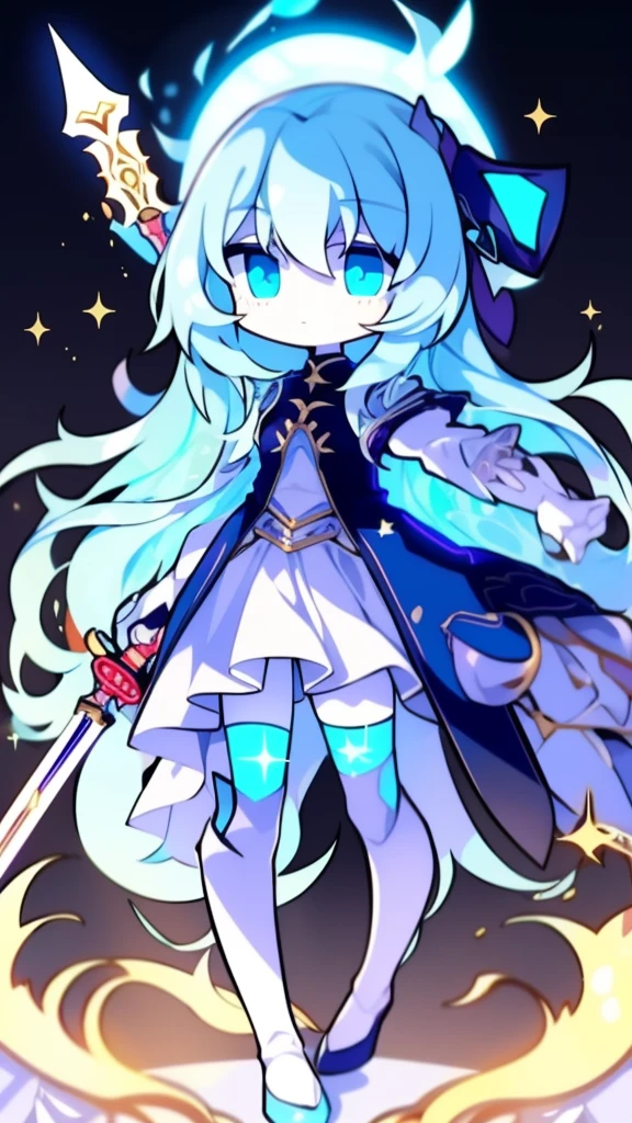  girl，k hd，4K，face expressionless，style of anime，sideface，blue color eyes，white color hair,((full body)),Confused eyes,(default character)SD character, masterpiece,best quality,ultra detailed,4K,super fine illustration,highly detailed beautiful face and eyes,cyan color scheme, lighting,fantasy,extremely solemn atmosphere,long hair,floating hair,smirk,fighting stance,dynamic pose,(holding glowing sword:1.3),particle light,luminescence,plasma,electric current,blue flame,sense of depth,dynamic angle,