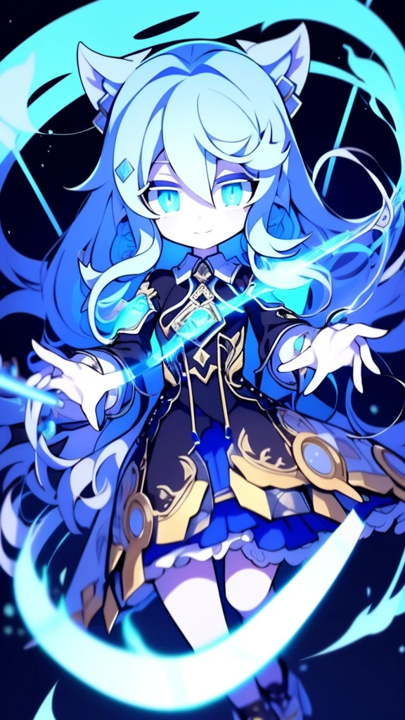 girl,k hd,4K,face expressionless,style of anime,sideface,blue color eyes,white color hair,((full body)),Confused eyes,(default character)SD character, masterpiece,best quality,ultra detailed,4K,super fine illustration,highly detailed beautiful face and eyes,cyan color scheme, lighting,fantasy,extremely solemn atmosphere,long hair,floating hair,smirk,fighting stance,dynamic pose,(holding glowing sword:1.3),particle light,luminescence,plasma,electric current,blue flame,sense of depth,dynamic angle,