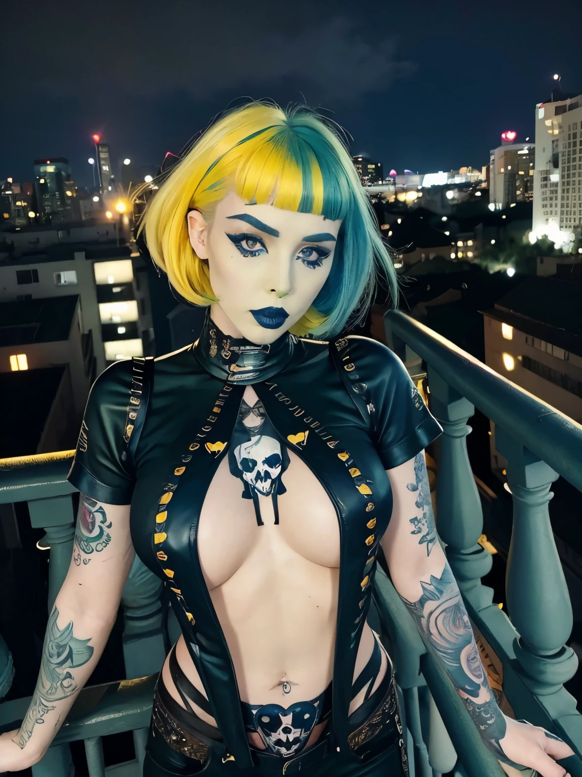 goth, excited, pale skin, smoky eyes, vivid colors, microbangs, yellow and blue hair, green lips, hotel balcony at night, leaning over balcony, leaning, body view, huge breasts, womb tattoo, heart tattoo, ripped clothing, skull tshirt