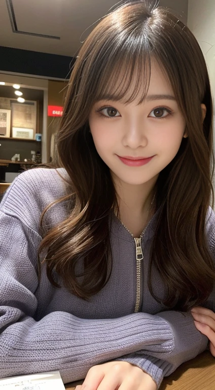 Tabletop, highest quality, figure, Super detailed, In detail, High resolution, 8k wallpaper, Perfect dynamic composition, Beautiful fine details,Wavy Hair,small 、Natural color lip, Bold sexy pose,smile,Harajuku、20-year-old girl、cute、sexy shot looking at camera、zipper cropped sweater