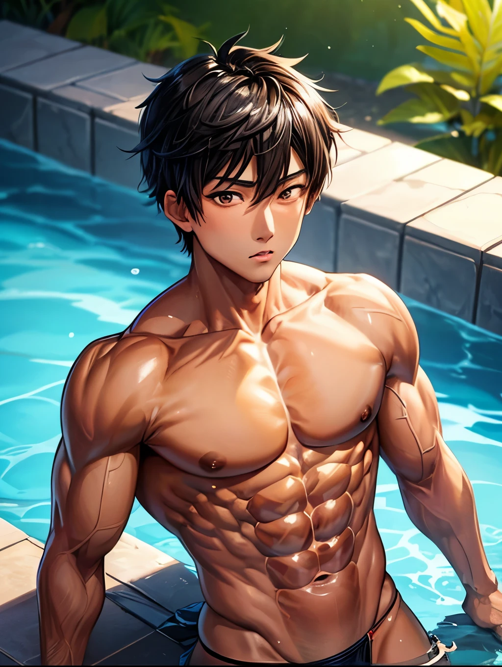 high quality, detailed, 16 years old bulky japanese boy, detailed brown eyes, (abs:1.5), (shiny skin:1.5), (detailed areola:1.4), black short hair, (black tiny thong), (puffy bulge), pool