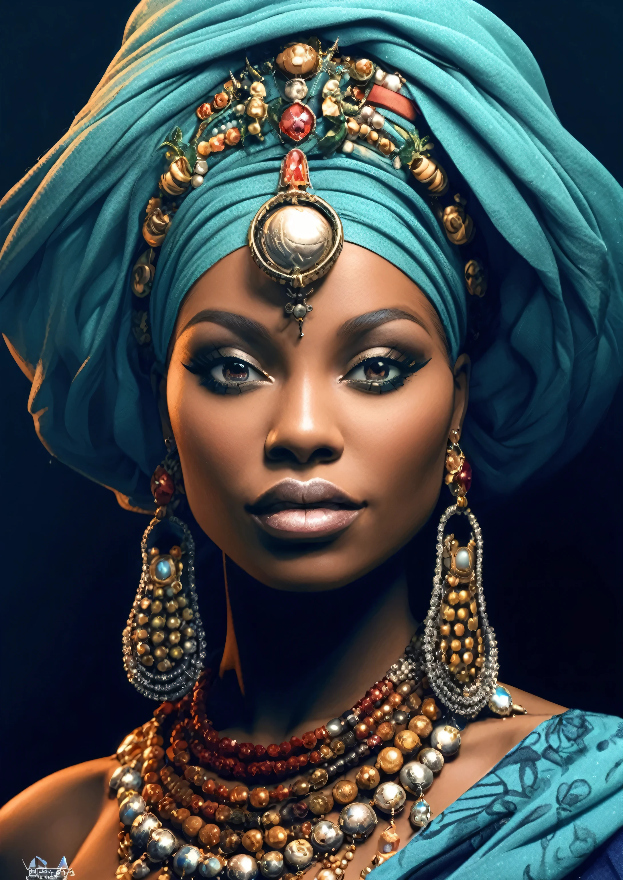 um close de uma mulher usando um turbante azul e um colar, stunning africano princess, africano queen, africano woman, linda mulher, black africano princess, africano princess, africano, beleza tradicional, africano american woman, mulher negra, linda linda mulher, Afrofuturista, foto de uma linda mulher, photo of a mulher negra, intricate africano jewellery, Belo retrato, africano arts