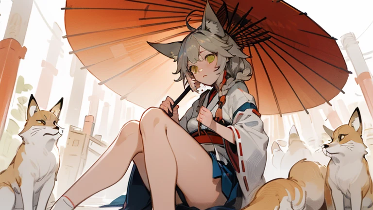 (masterpiece, best quality) detailed, ,Fox Ear Beauty,Red and white miko kimono ,Silver Hair ,elegant, (Fox ears),Red Eyeshadow, ,whole body,Holding a paper umbrella,Exposing thighs,Fushimi Inari Taisha Shrine Fantastic mystery wonderland