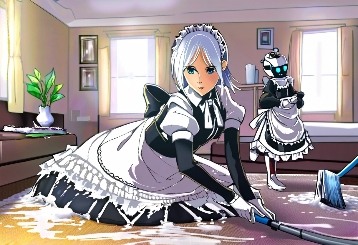 A robotic maid servant is dressed in a knitted French maid outfit with white lace trim, cleaning up a bachelor pad (extremely messy)