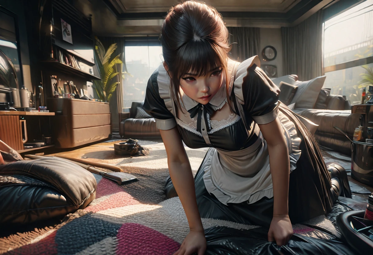 A robotic maid servant,1girl,knitted French maid outfit,white lace trim,cleaning up a bachelor pad,extremely messy interior,highly detailed,photorealistic,4k,8k,ultra-detailed,best quality,masterpiece,vivid colors,dramatic lighting,intricate details,realistic textures,seamless integration