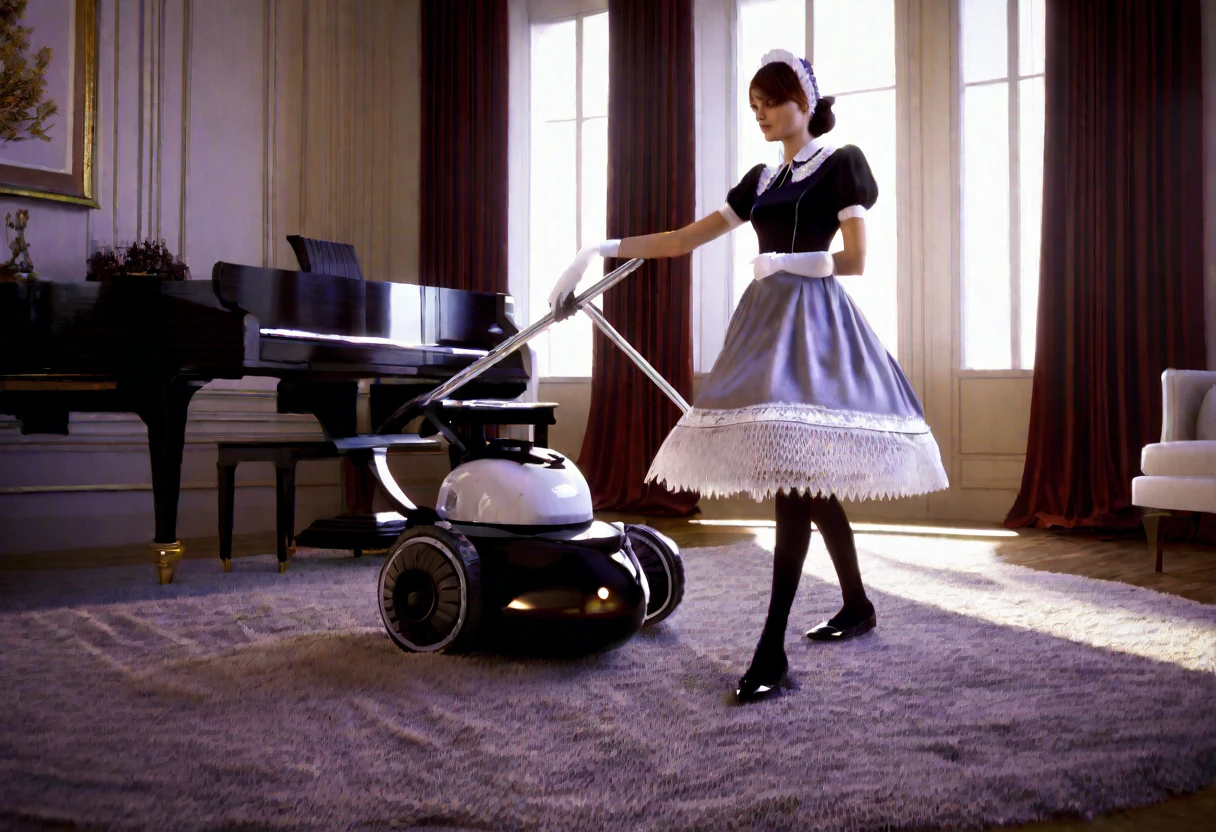 A robotic maid servant, exquisite detailed knitted French maid outfit with white lace trim, cleaning up a bachelor pad, extremely messy, hyper-realistic, cinematic lighting, 8k, highly detailed, volumetric lighting, dramatic shadows, warm color palette, intricate textures, elegant pose, realistic materials, photorealistic