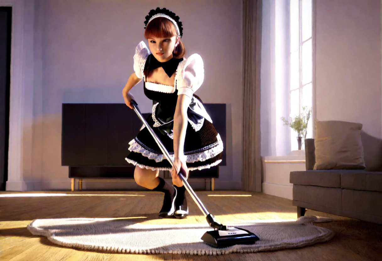 A robotic maid servant, exquisite detailed knitted French maid outfit with white lace trim, cleaning up a bachelor pad, extremely messy, hyper-realistic, cinematic lighting, 8k, highly detailed, volumetric lighting, dramatic shadows, warm color palette, intricate textures, elegant pose, realistic materials, photorealistic